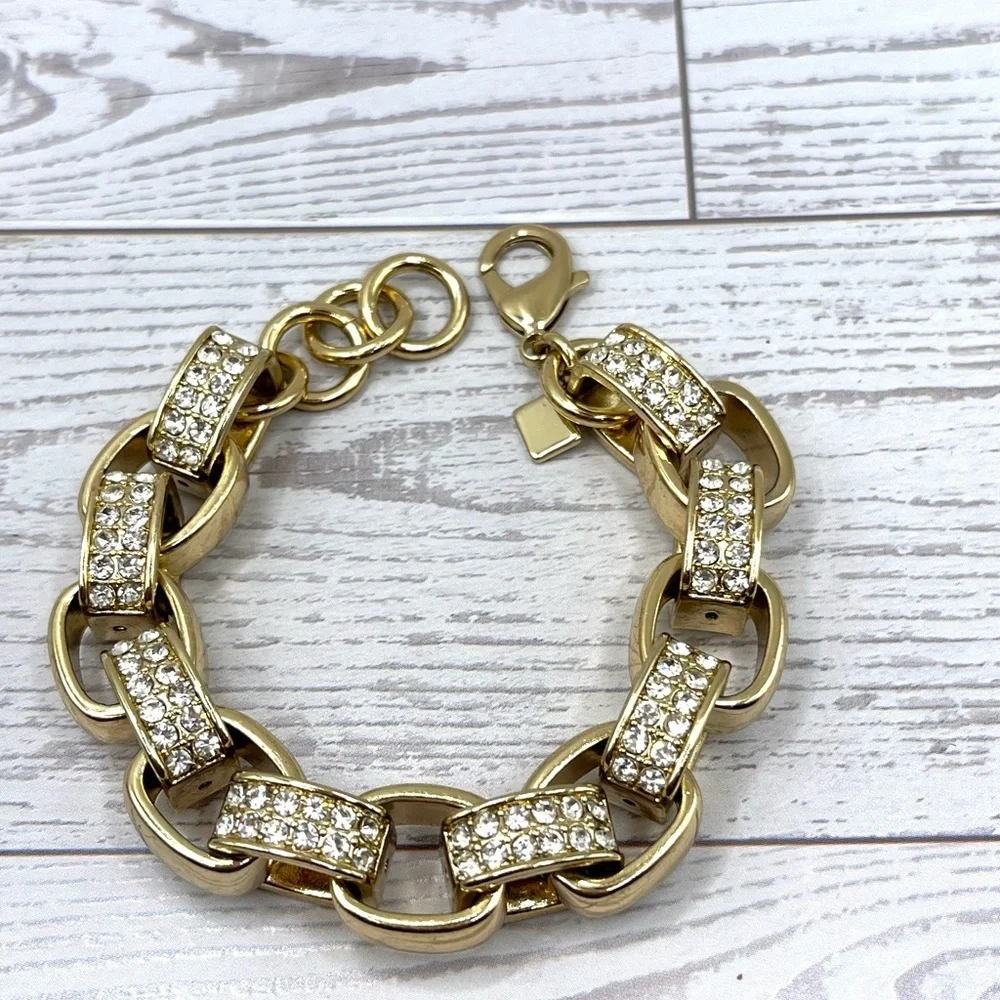 Banana Republic Gold Sparkle Crystals Link Chain Bracelet Large Bold VTG